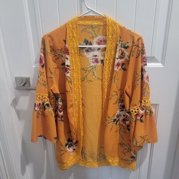 Open Front Overshirt Cardigan Floral Cottage Boho Mustard ONE SZ - Picture 1 of 7
